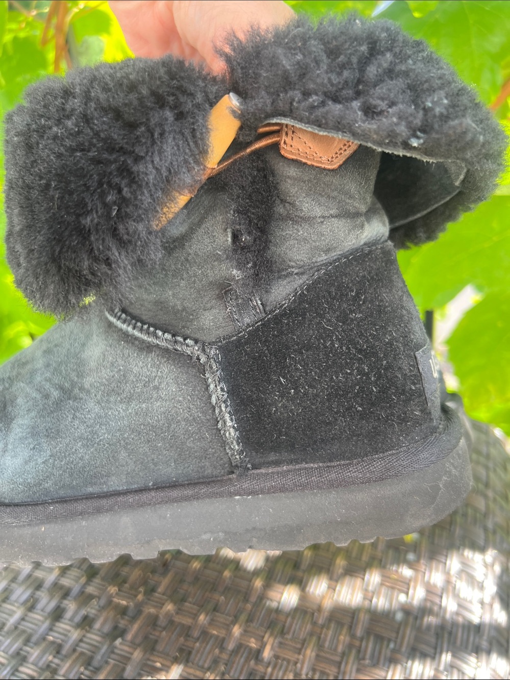 UGG Black Kelly Suede Shearling Boots with Tan Toggle - Picture 10 of 17